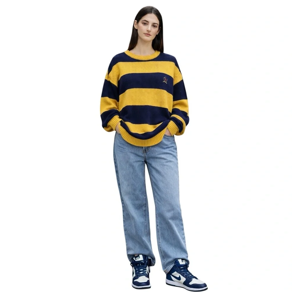 Tommy Hilfiger Vintage Oversized Navy & Yellow Striped Crewneck Pullover Sweater